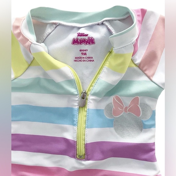Disney Minnie Mouse Rash Guard Swimsuit 9M Rainbow Stripe EUC - Picture 3 of 4